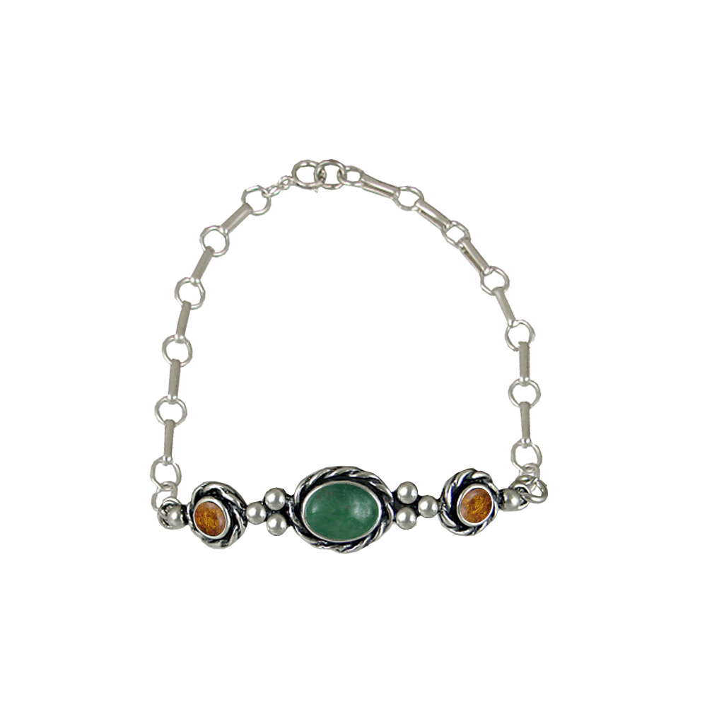 Sterling Silver Gemstone Adjustable Chain Bracelet With Jade And Amber